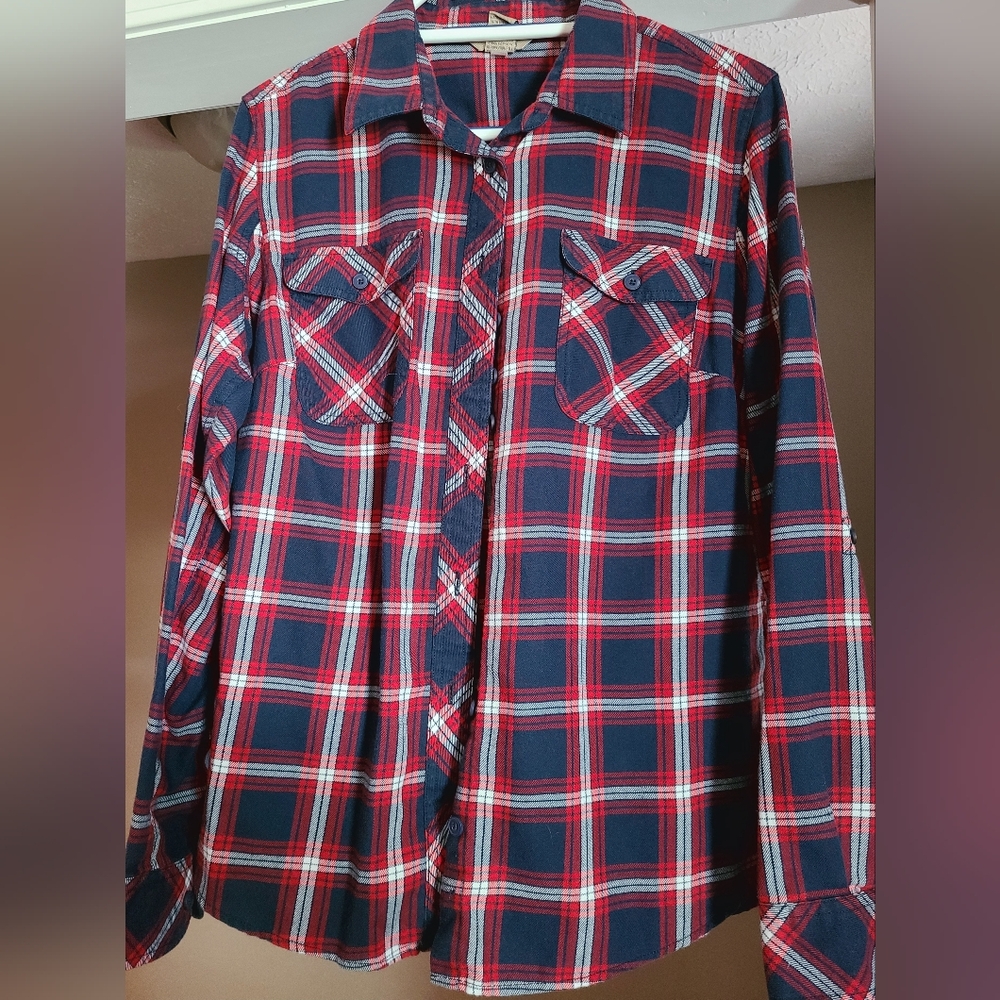 Duluth Large Red White Blue Plaid Flannel Button Up